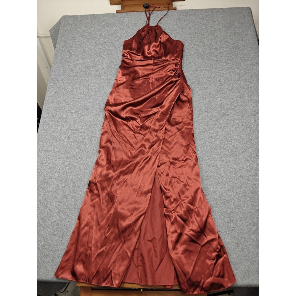 Galina Signature Dress Womens 6 Brown Satin Halter Slip Maxi Ruched Gown Formal